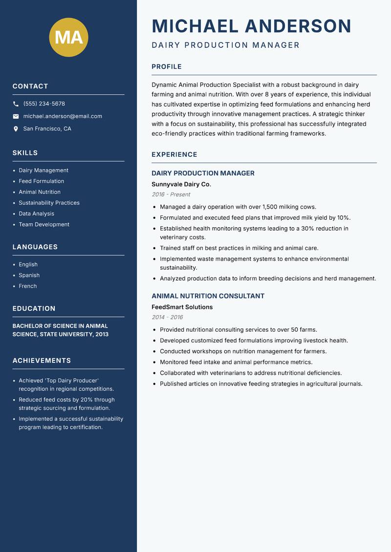 Animal Production Specialist resume sample — Dairy Production Manager focus