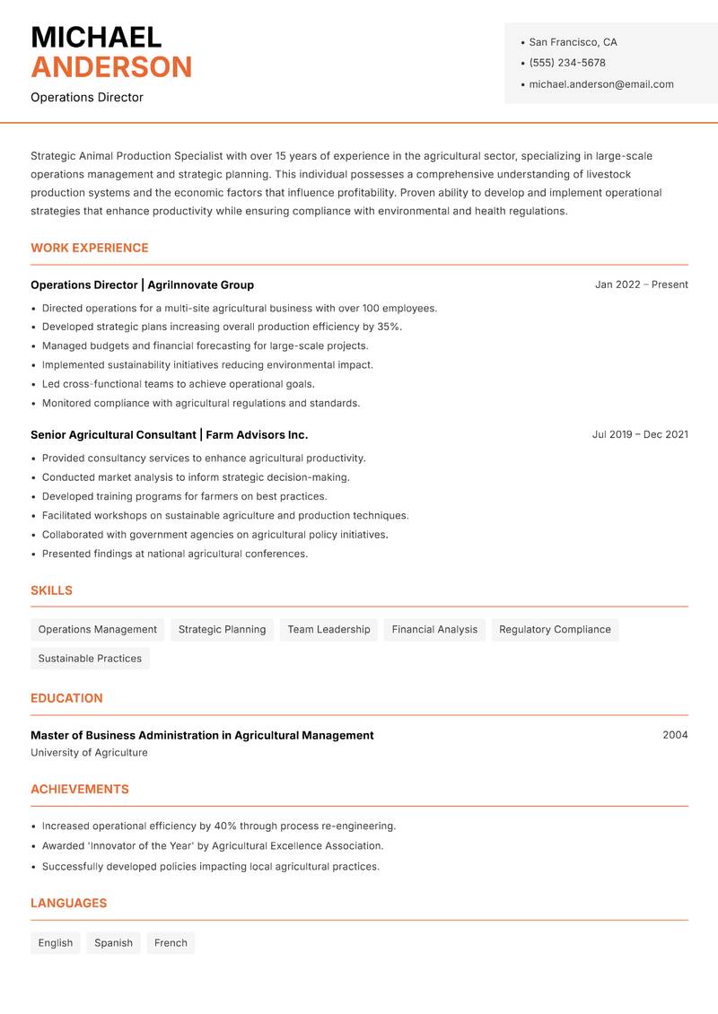 Animal Production Specialist resume sample — Operations Director focus