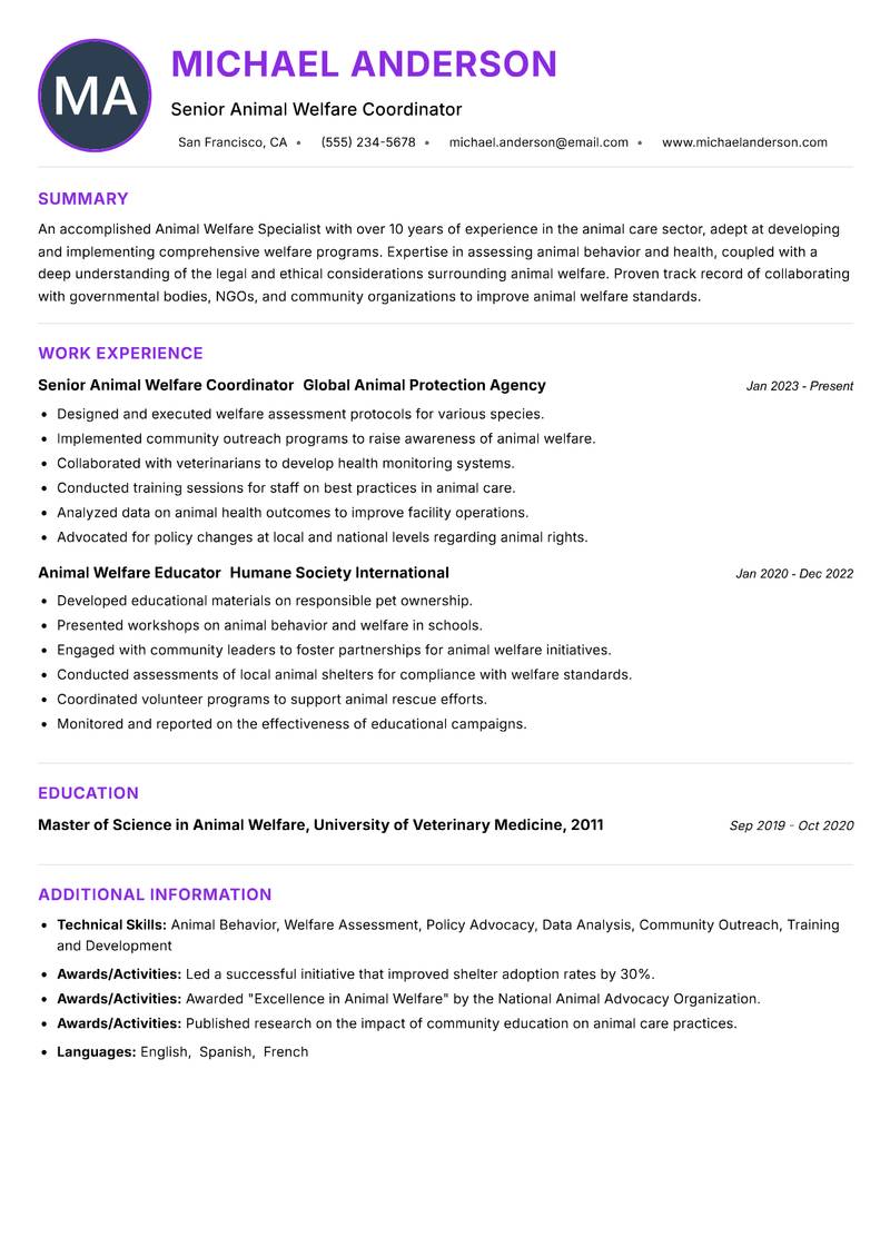 Animal Welfare Specialist resume example