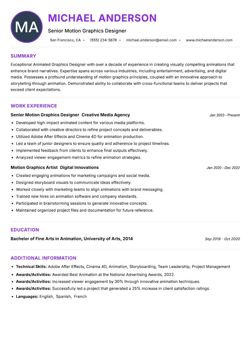 Animated Graphics Designer resume example