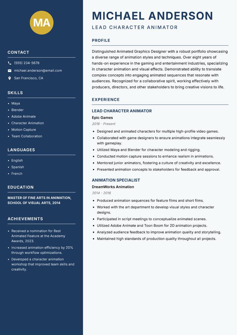 Animated Graphics Designer resume sample — Lead Character Animator focus