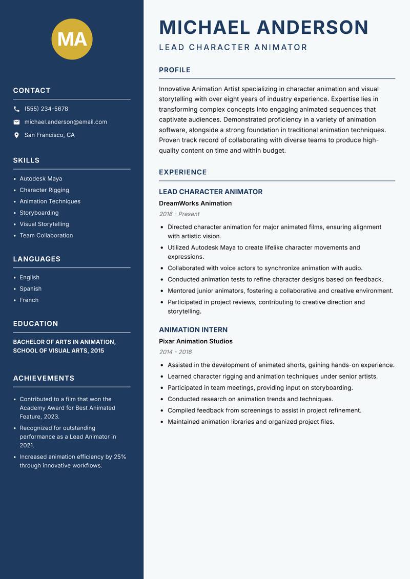 Animation Artist resume sample — Lead Character Animator focus