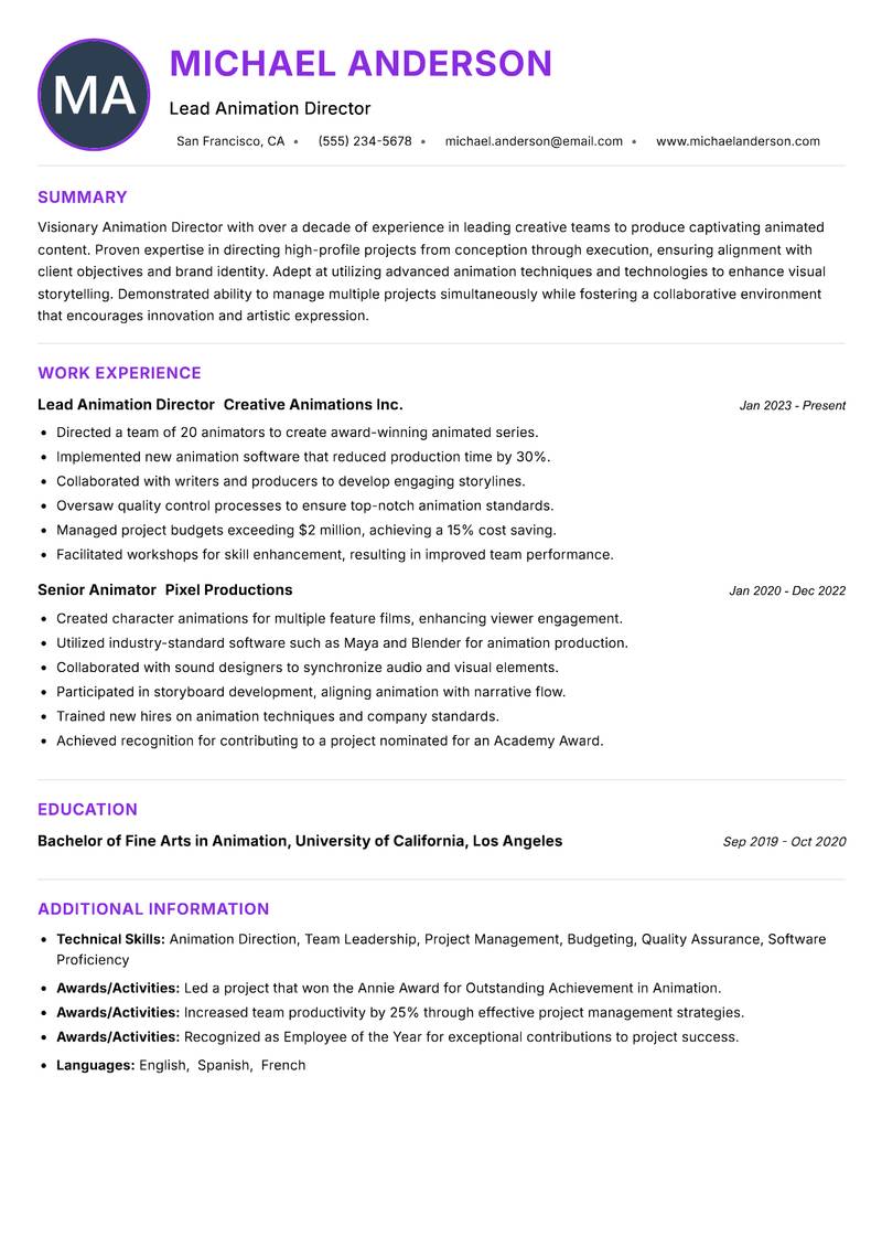 Animation Director resume example