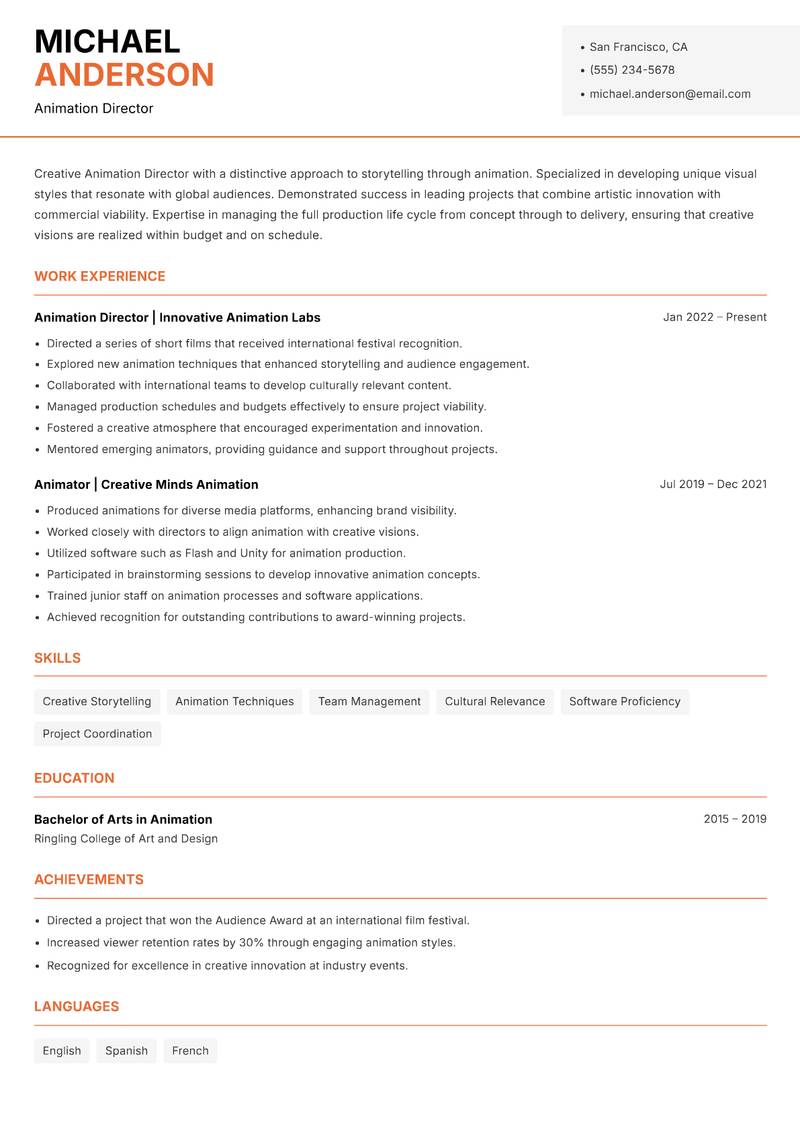 Animation Director resume sample — Animation Director focus