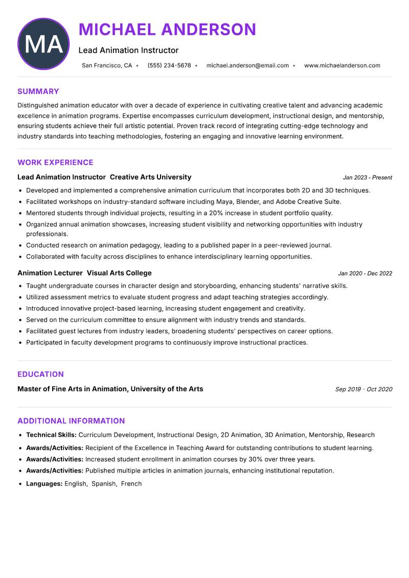 Animation Faculty resume example