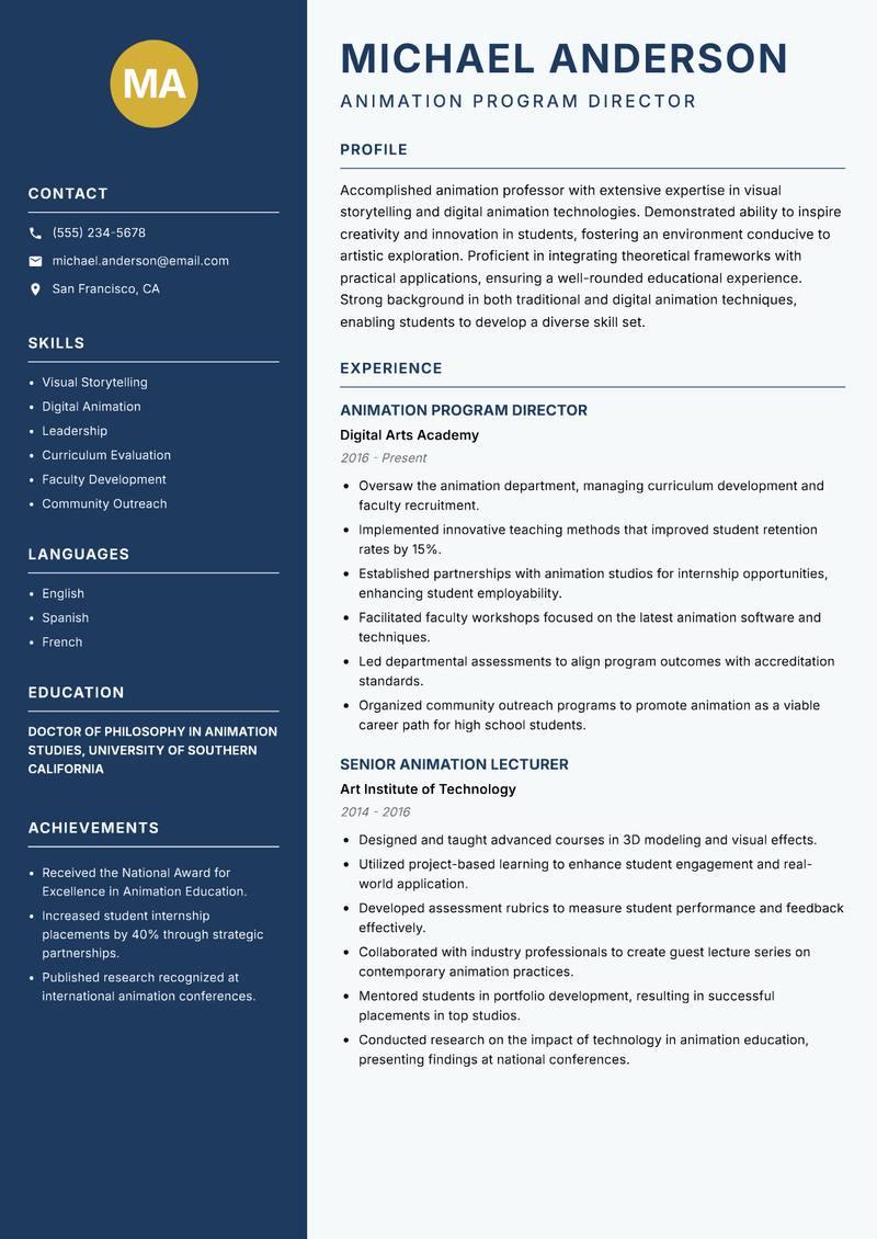 Animation Faculty resume sample — Animation Program Director focus