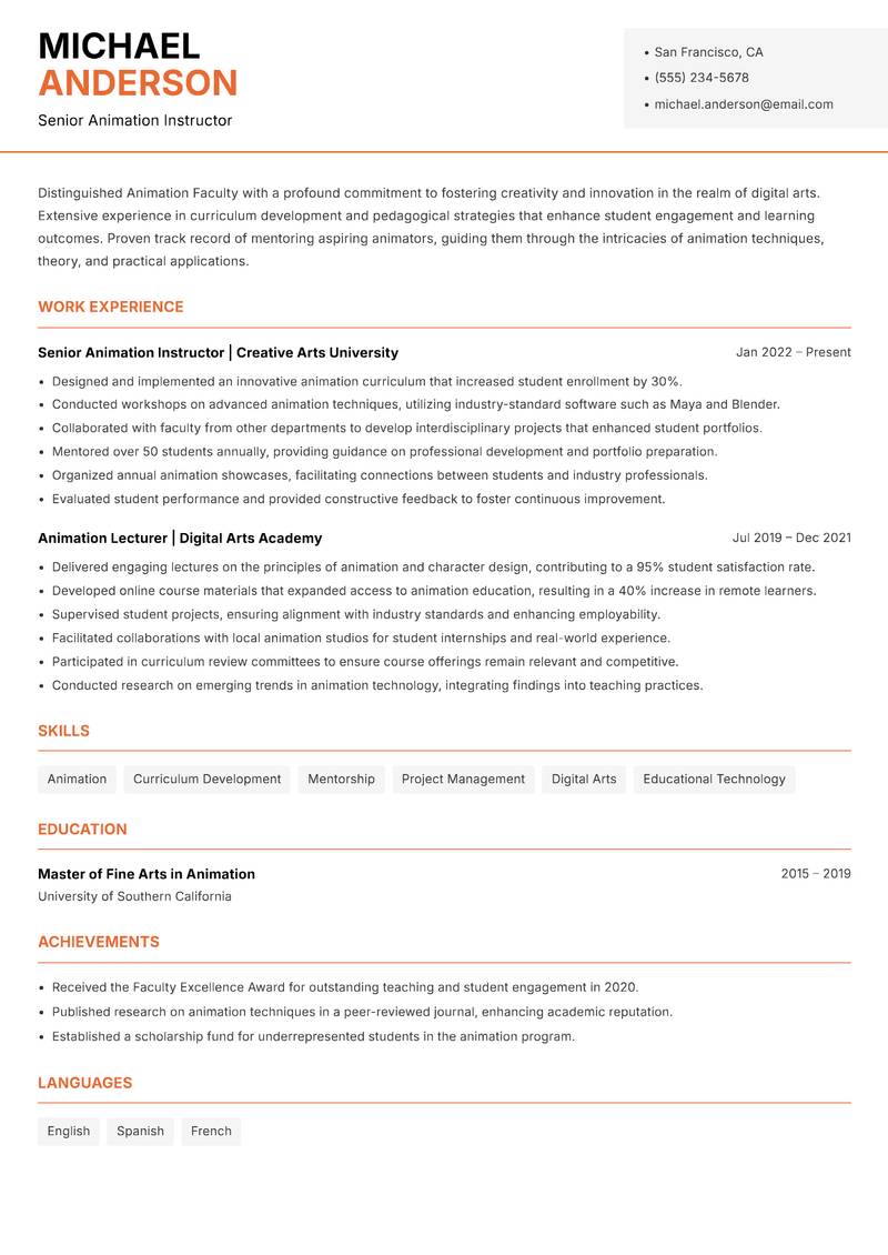 Animation Faculty resume sample — Senior Animation Instructor focus
