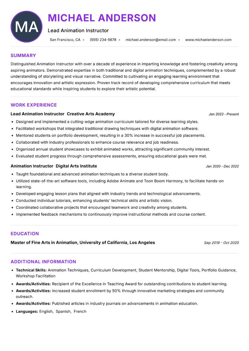 Animation Instructor resume example