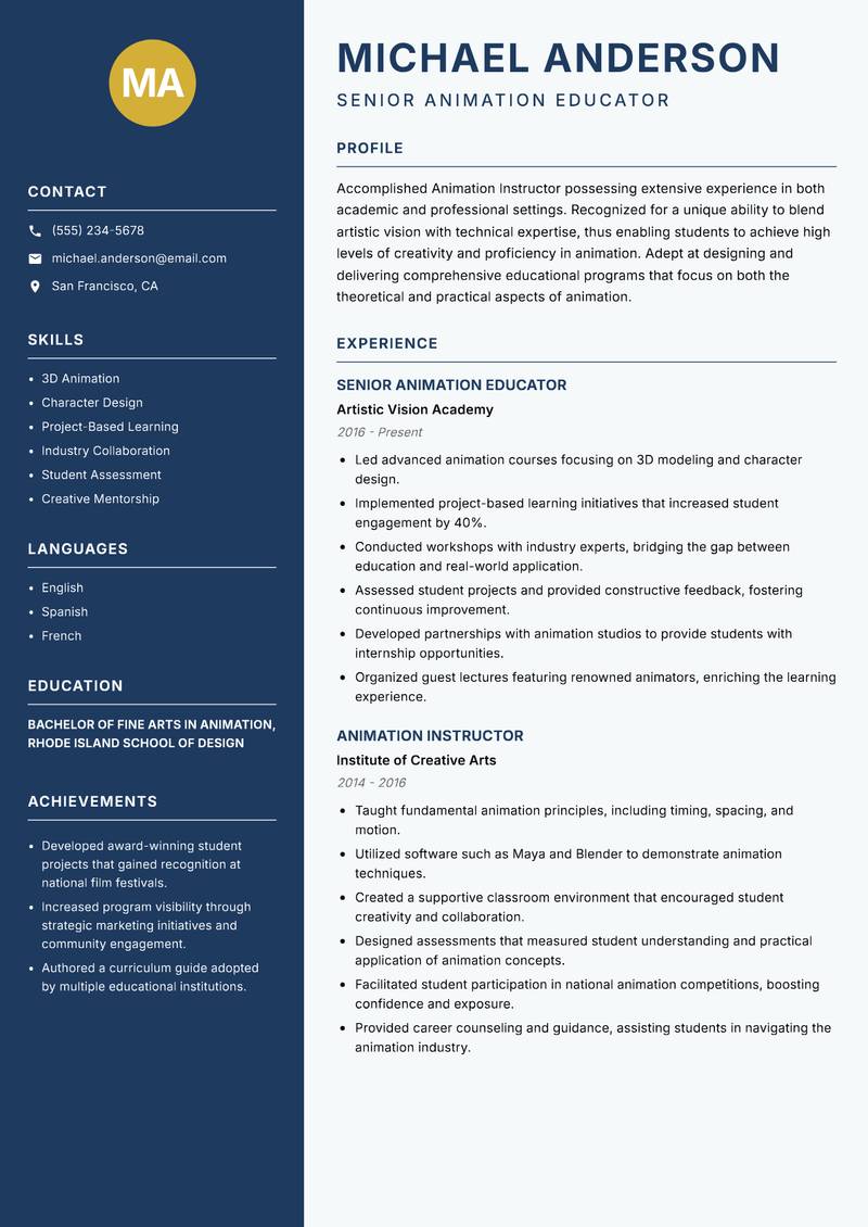 Animation Instructor resume sample — Senior Animation Educator focus