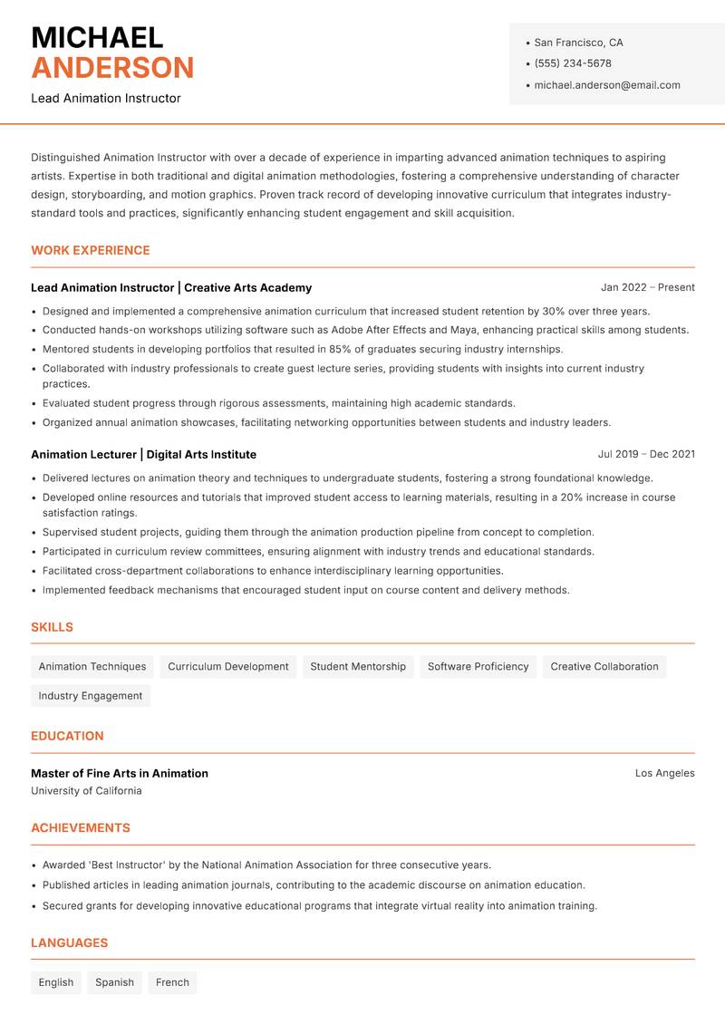 Animation Instructor resume sample — Lead Animation Instructor focus