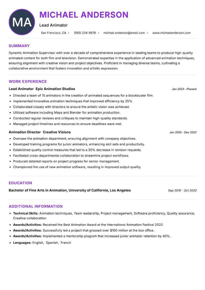 Animation Supervisor resume example