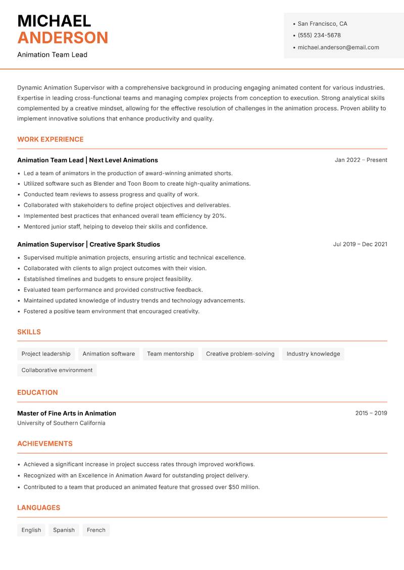 Animation Supervisor resume sample — Animation Team Lead focus