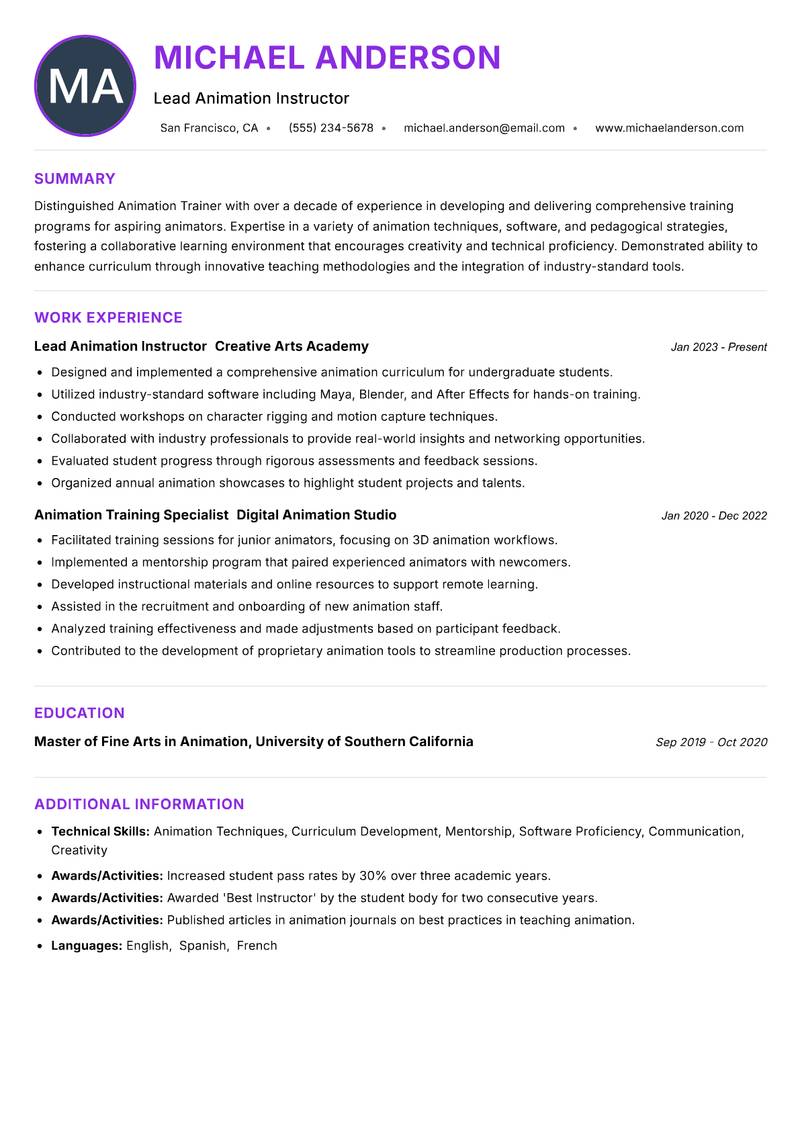 Animation Trainer resume example