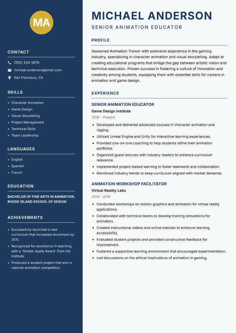 Animation Trainer resume sample — Senior Animation Educator focus