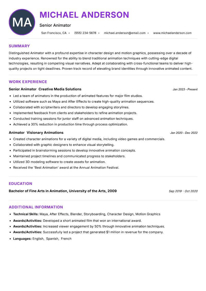 Animator resume example