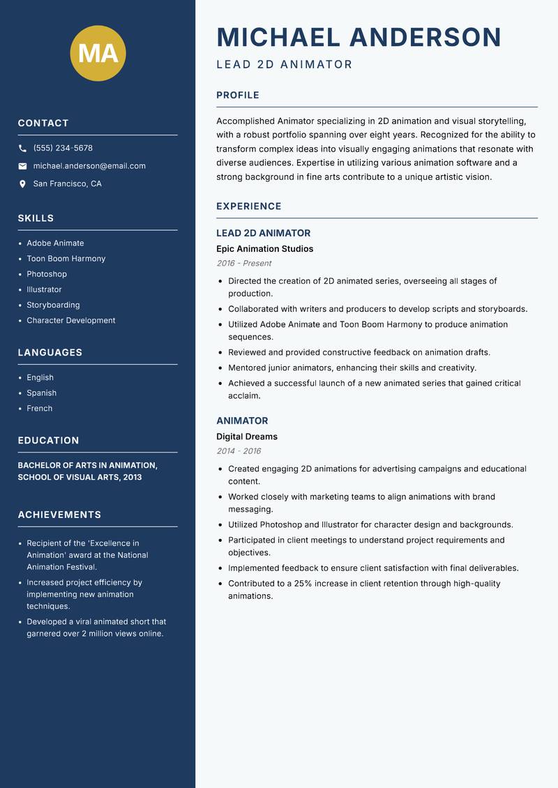 Animator resume sample — Lead 2D Animator focus