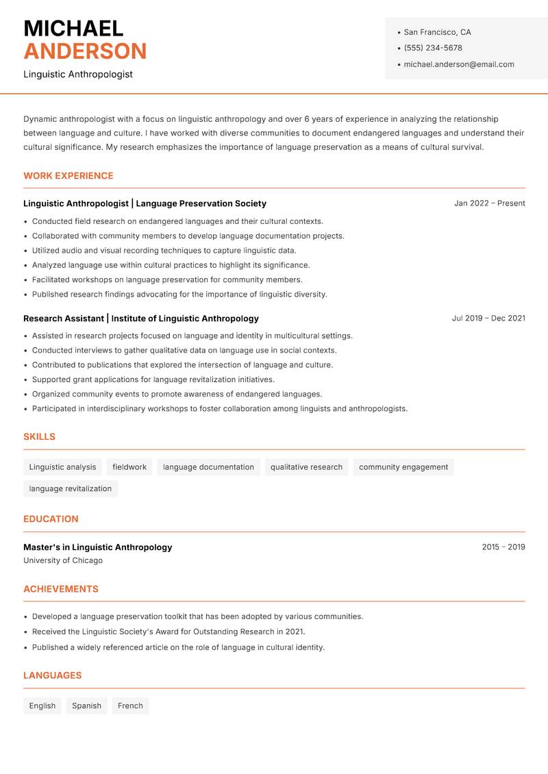 Anthropologist resume sample — Linguistic Anthropologist focus