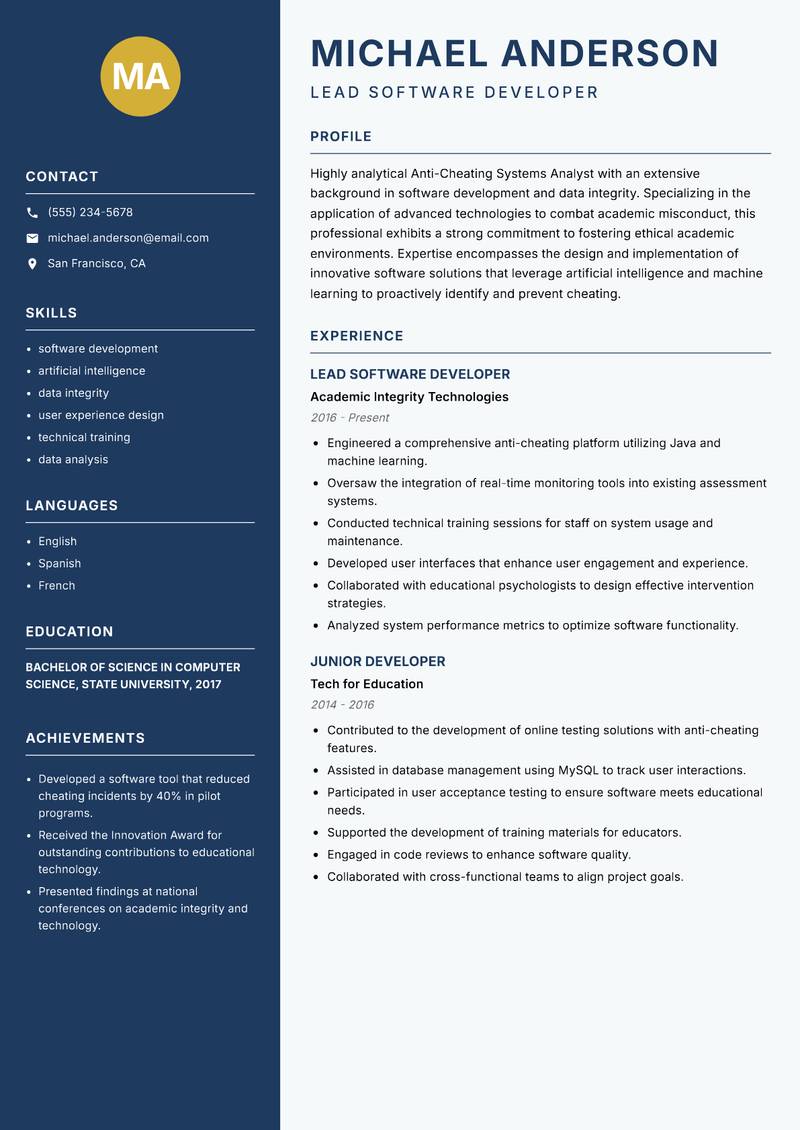 Anti-Cheating Systems Analyst resume sample — Lead Software Developer focus