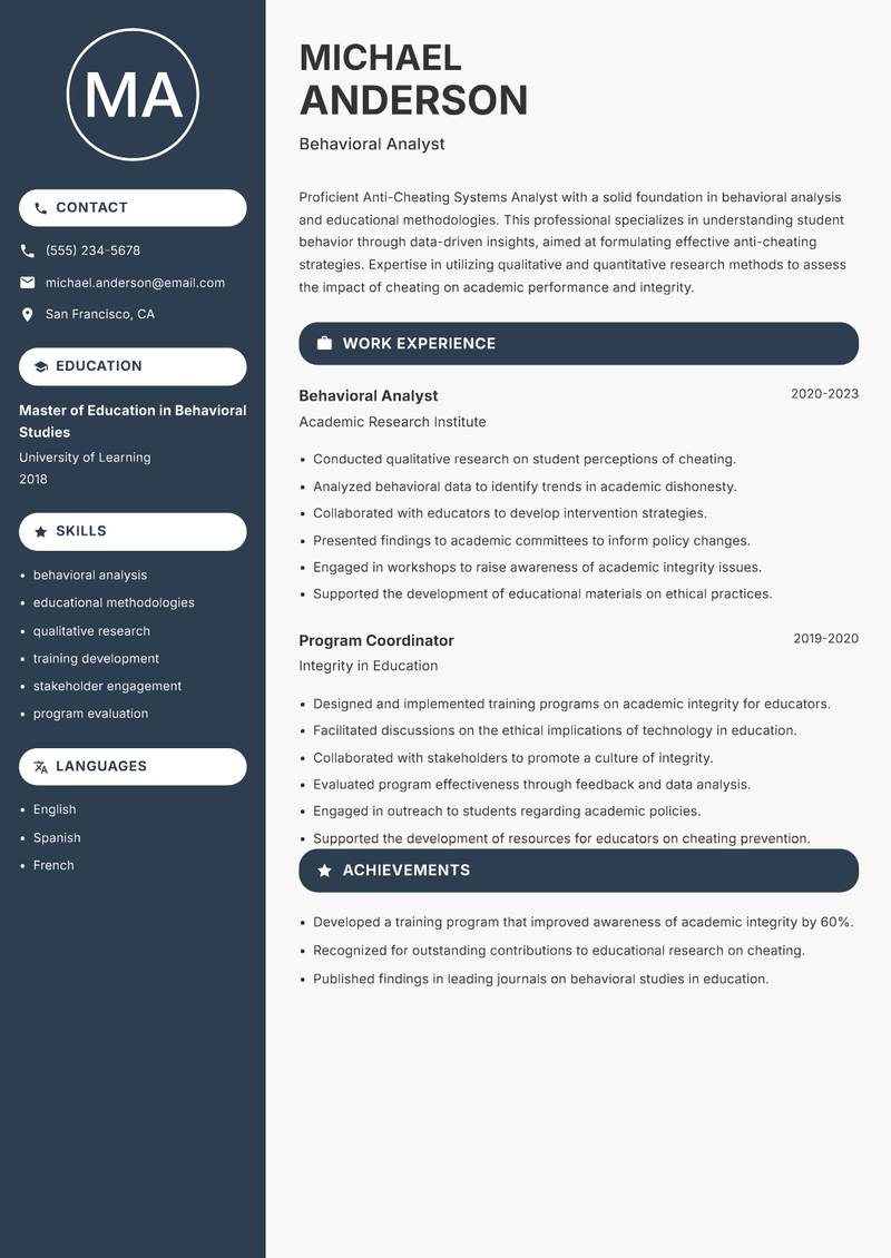 Anti-Cheating Systems Analyst resume sample — Behavioral Analyst focus