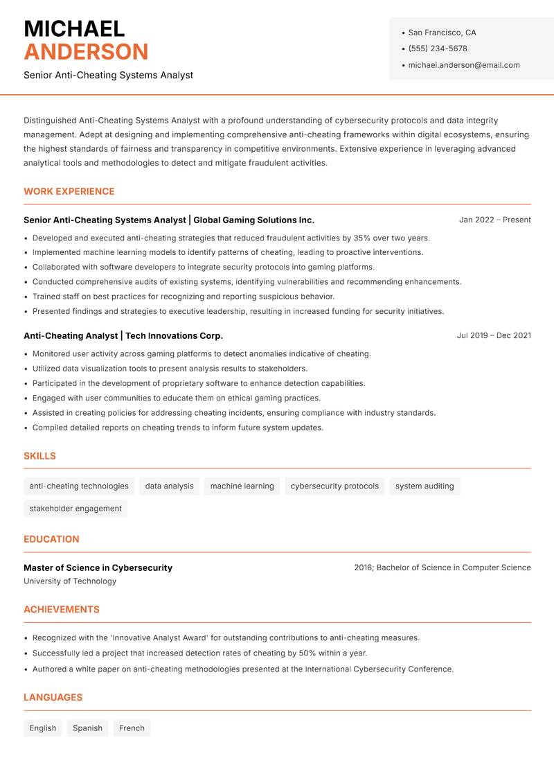 Anti-Cheating Systems Analyst resume sample — Senior Anti-Cheating Systems Analyst focus