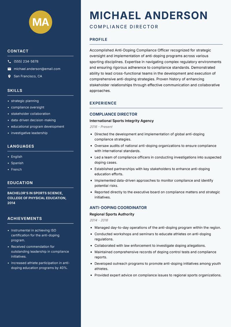 Anti-Doping Compliance Officer resume sample — Compliance Director focus