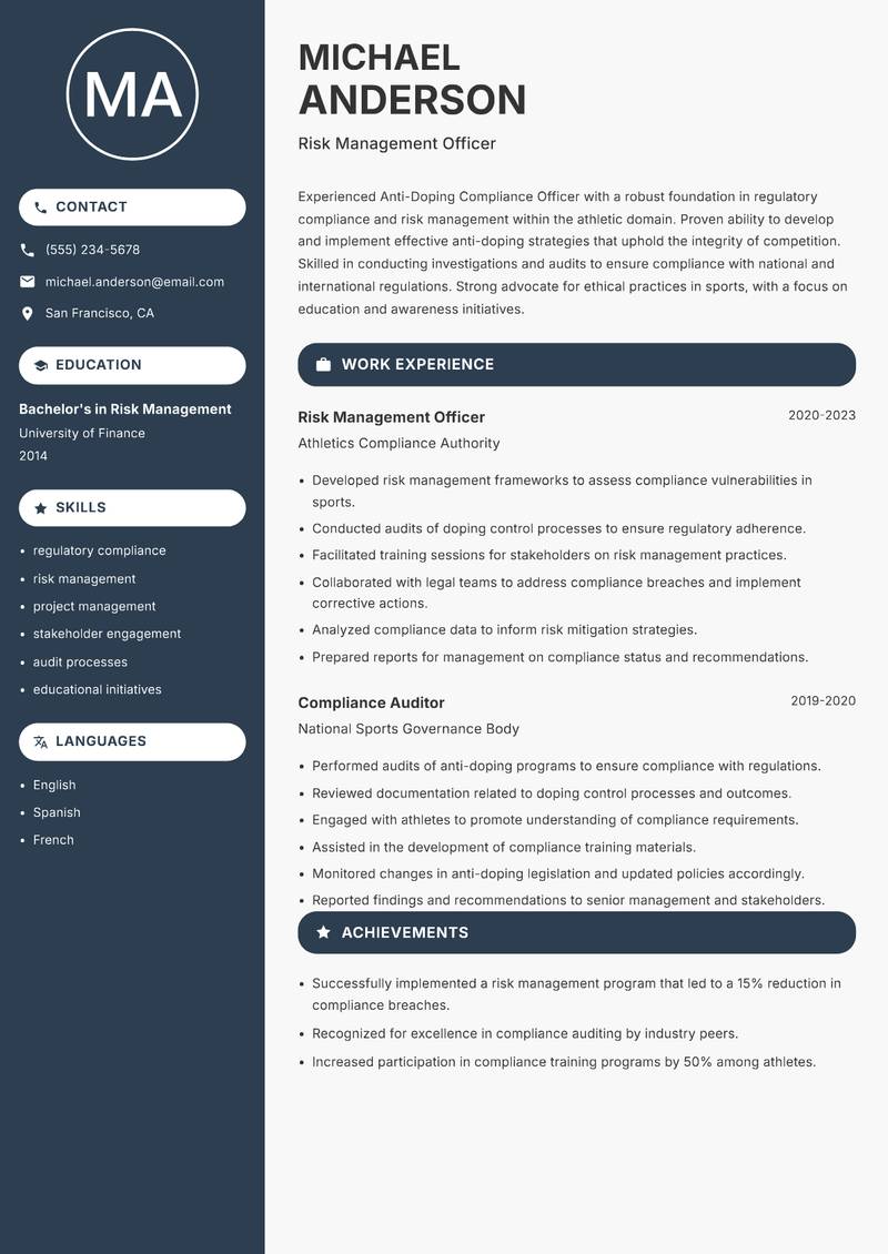 Anti-Doping Compliance Officer resume sample — Risk Management Officer focus