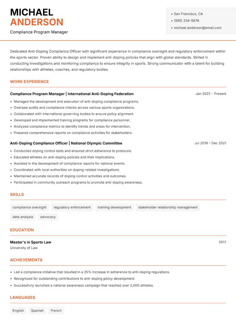 Anti-Doping Compliance Officer resume sample — Compliance Program Manager focus