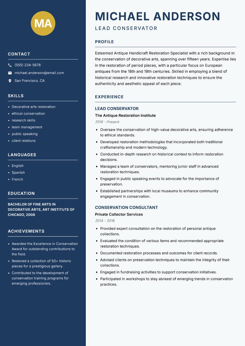 Antique Handicraft Restoration Specialist resume sample — Lead Conservator focus