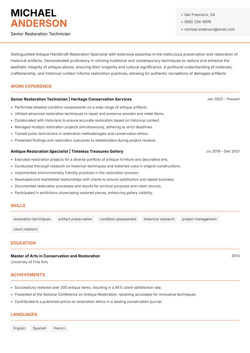 Antique Handicraft Restoration Specialist resume sample — Senior Restoration Technician focus