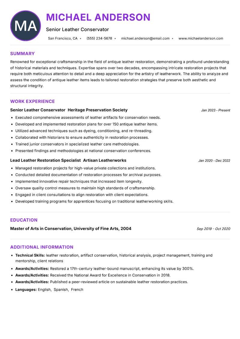 Antique Leather Restoration Specialist resume example — Leather Crafts