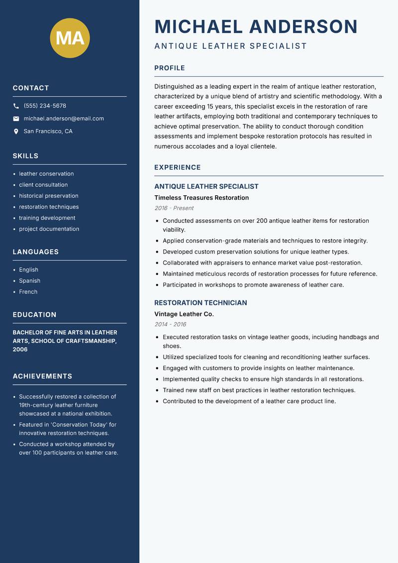 Antique Leather Restoration Specialist resume sample — Antique Leather Specialist focus