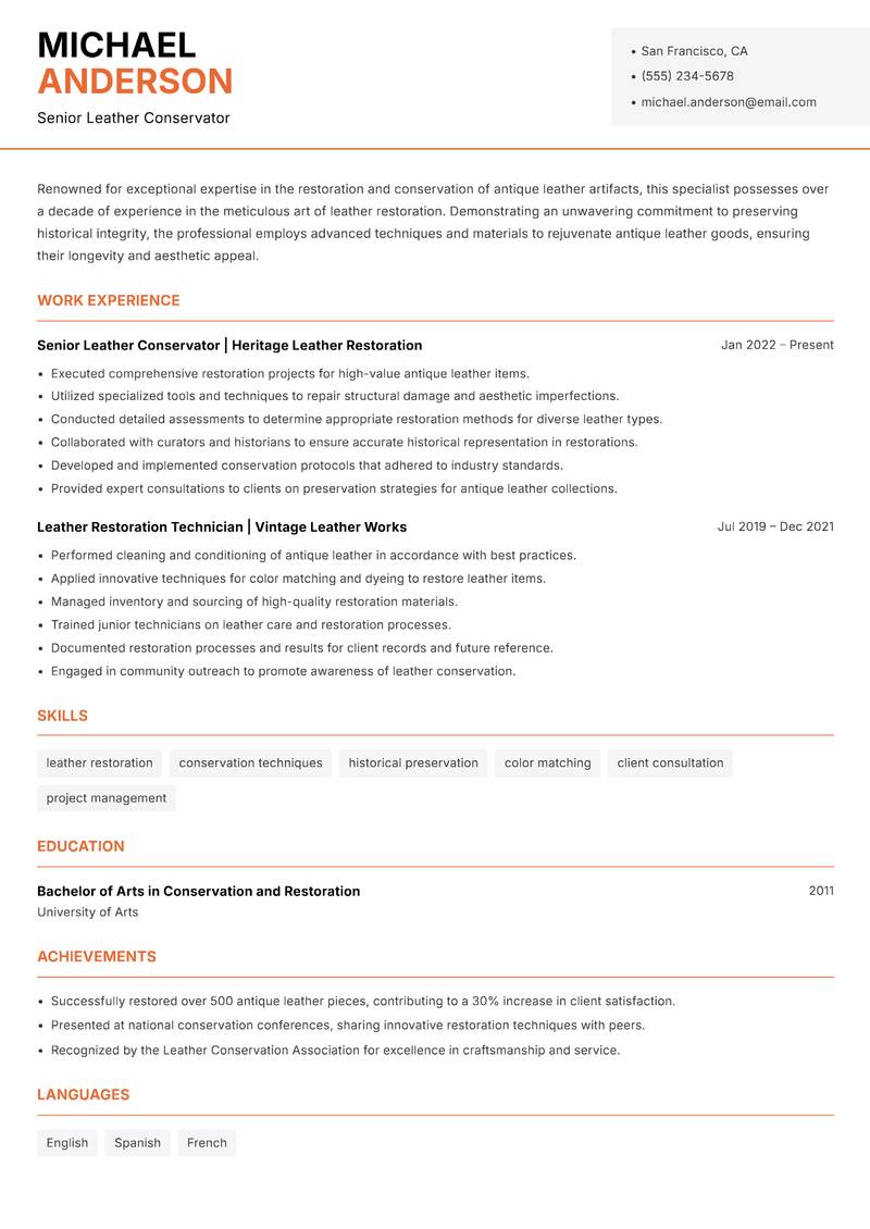 Antique Leather Restoration Specialist resume sample — Senior Leather Conservator focus