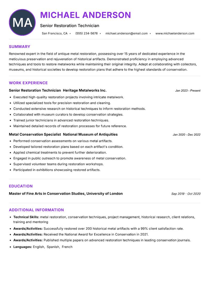 Antique Metal Restoration Specialist resume example