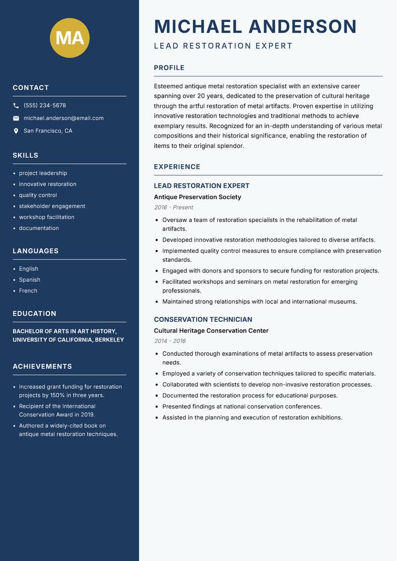 Antique Metal Restoration Specialist resume sample — Lead Restoration Expert focus