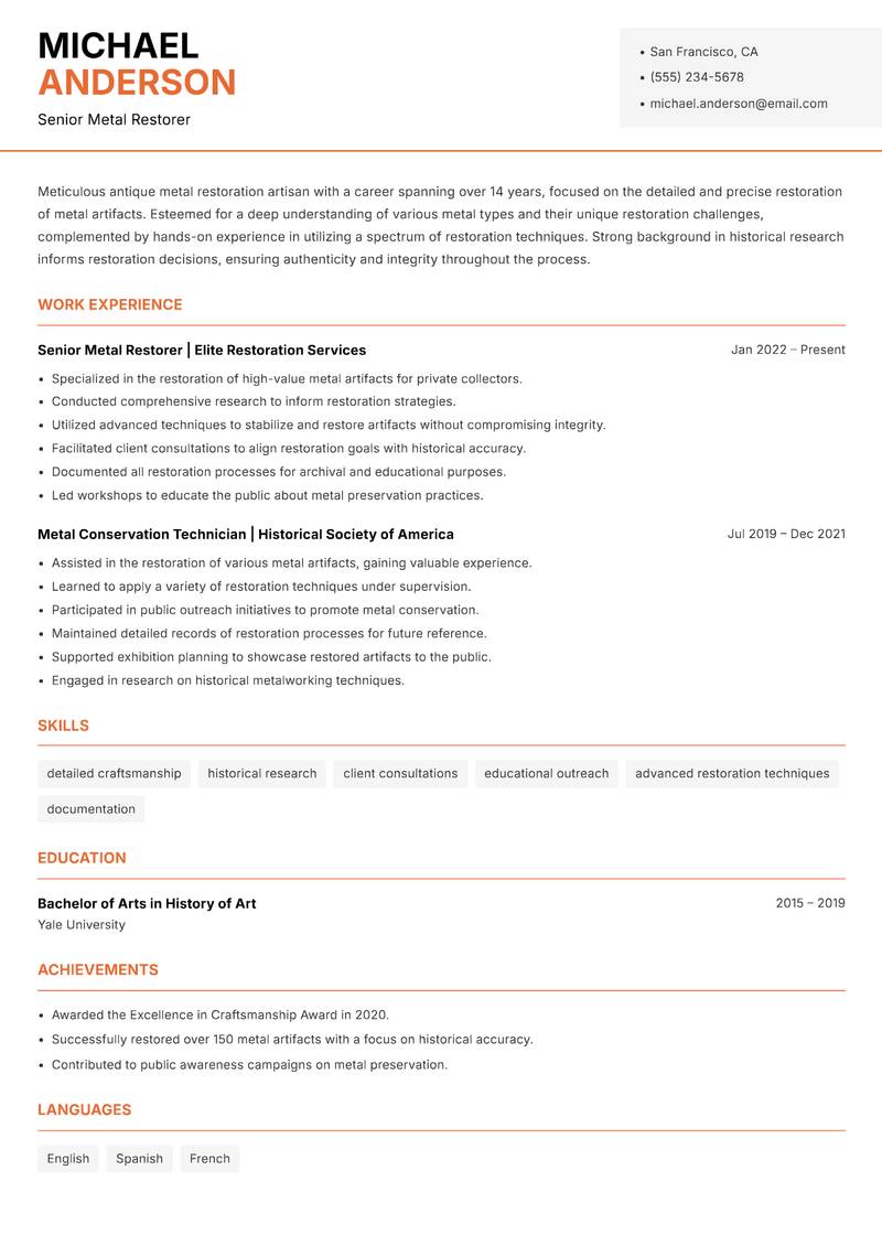 Antique Metal Restoration Specialist resume sample — Senior Metal Restorer focus