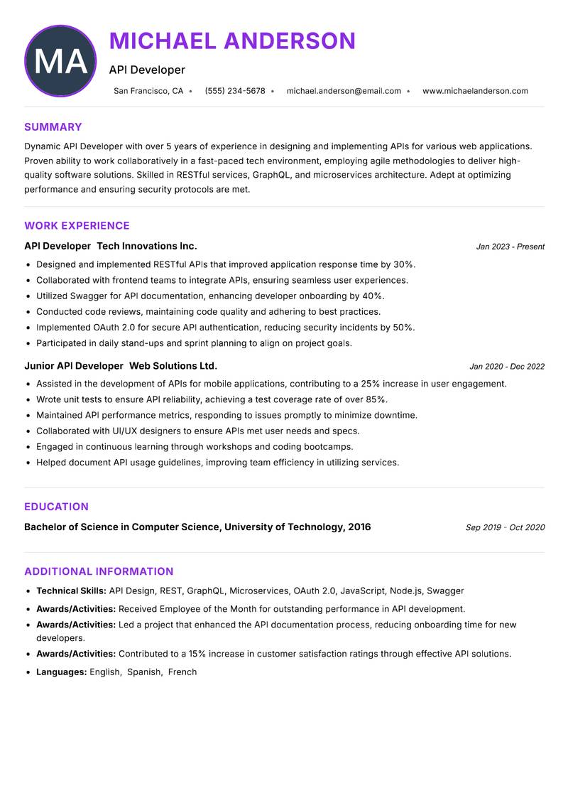 API Developer resume example — Software Development