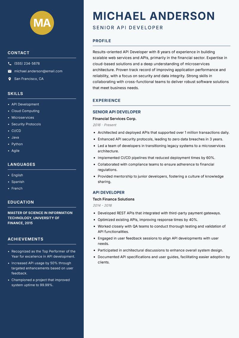 API Developer resume sample — Senior API Developer focus