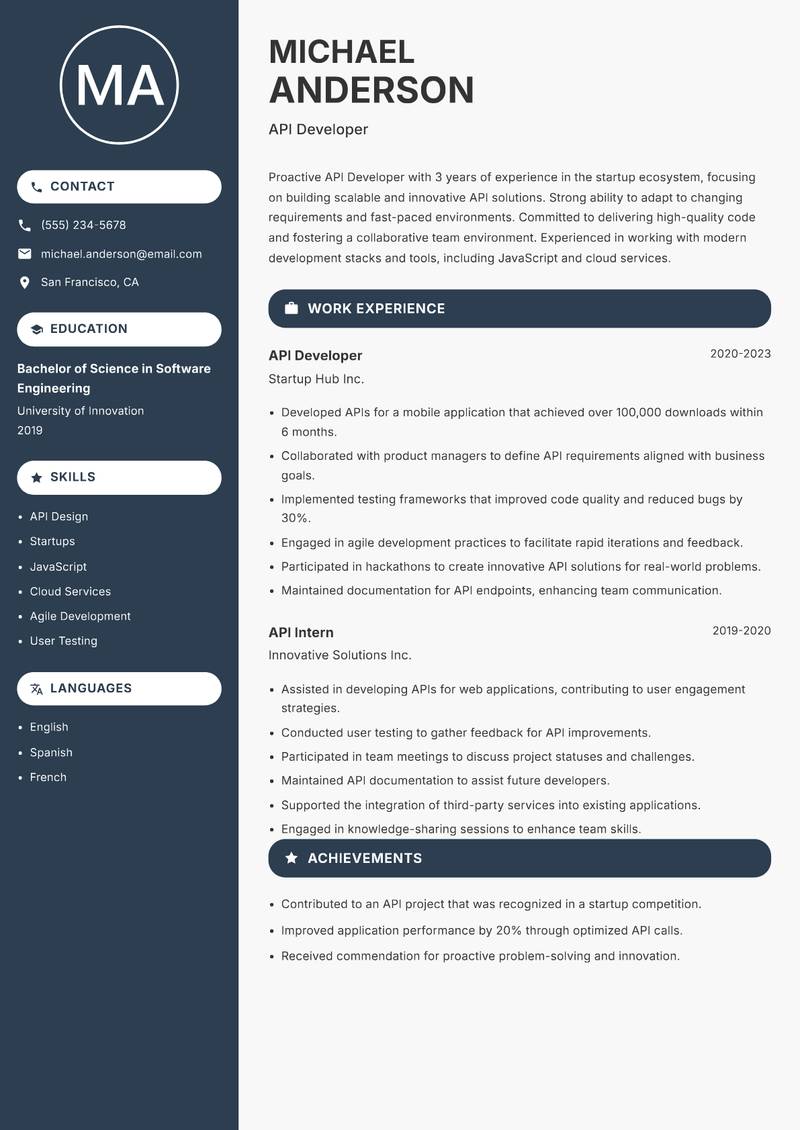 API Developer resume sample — API Developer focus