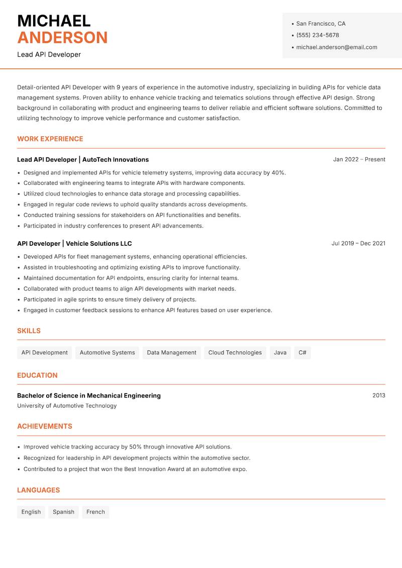 API Developer resume sample — Lead API Developer focus