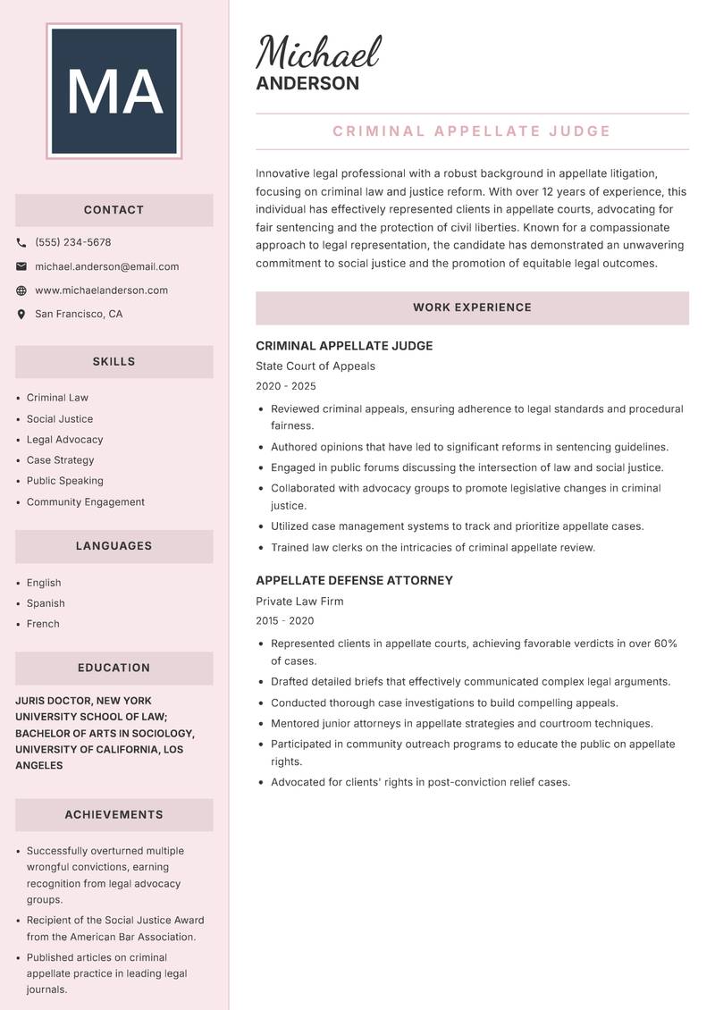 Appellate Judge resume sample — Criminal Appellate Judge focus