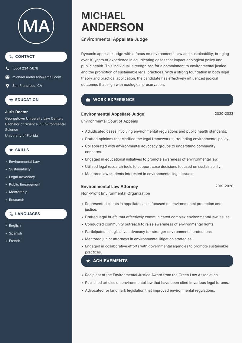 Appellate Judge resume sample — Environmental Appellate Judge focus
