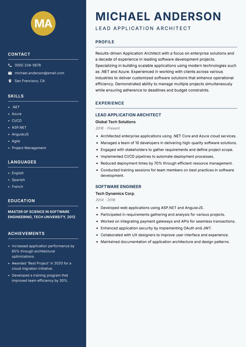 Application Architect resume sample — Lead Application Architect focus