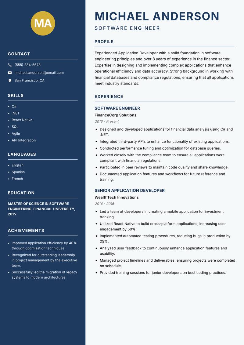 Application Developer resume sample — Software Engineer focus