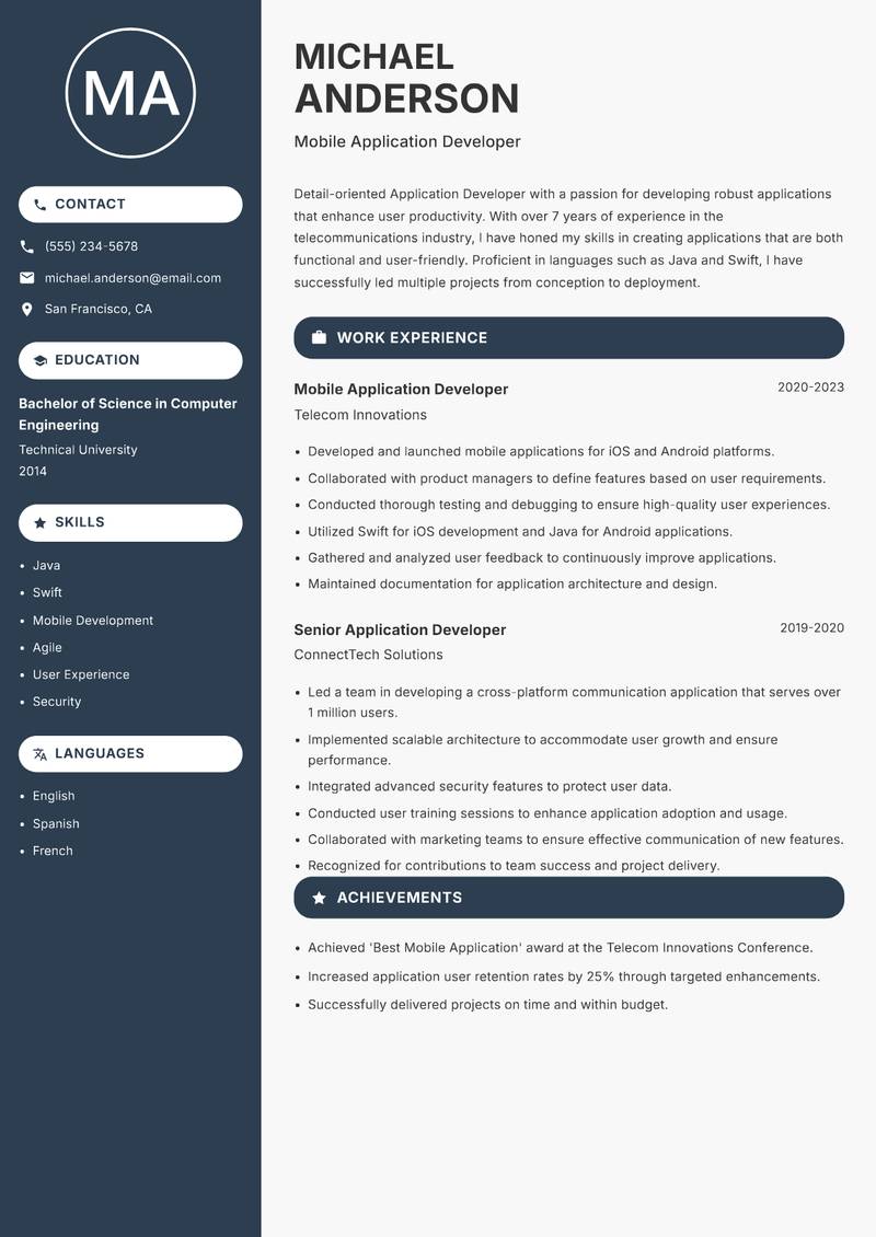 Application Developer resume sample — Mobile Application Developer focus