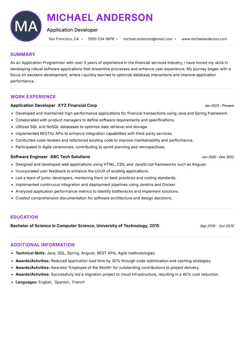 Application Programmer resume example