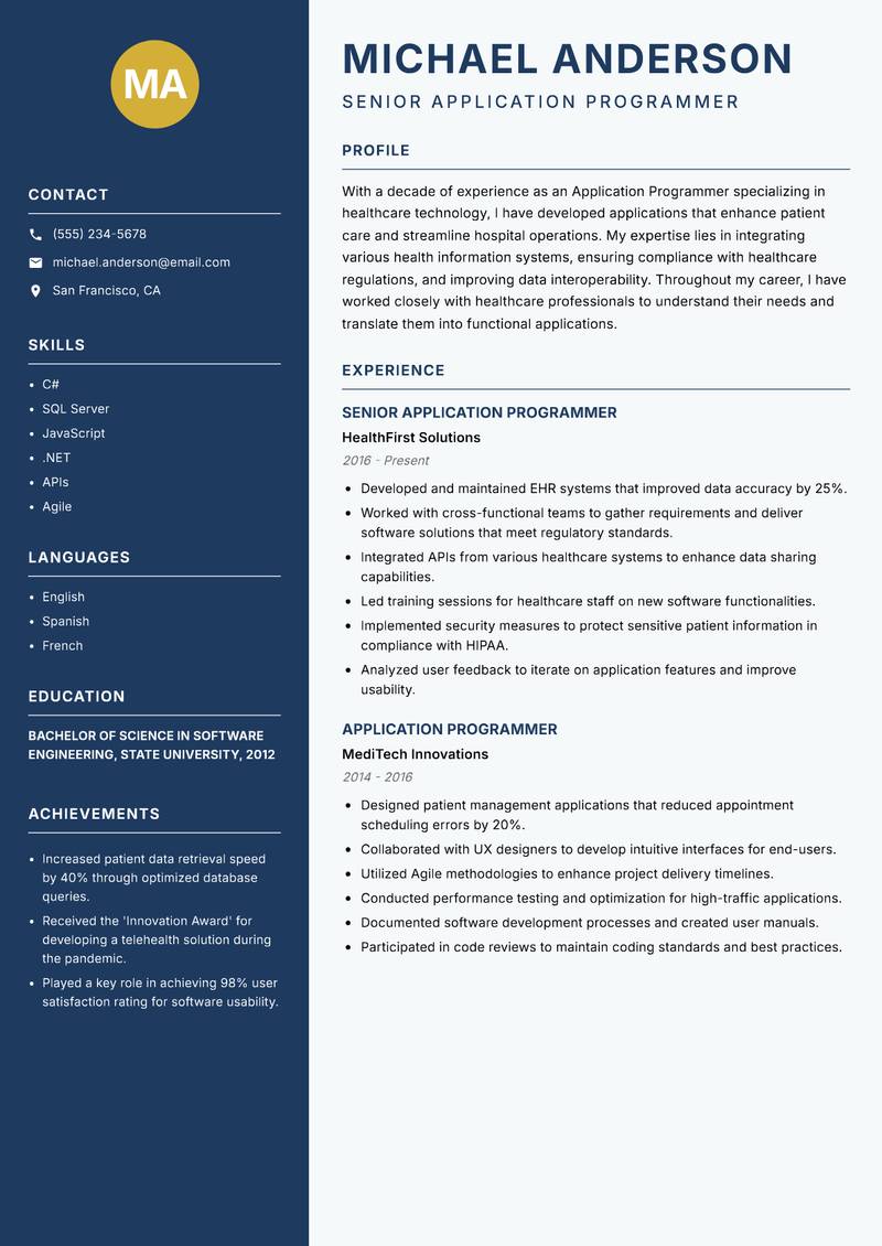 Application Programmer resume sample — Senior Application Programmer focus