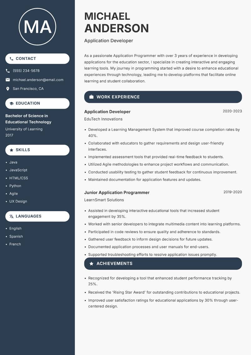 Application Programmer resume sample — Application Developer focus