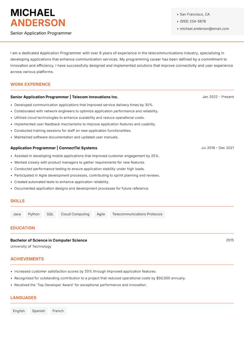 Application Programmer resume sample — Senior Application Programmer focus