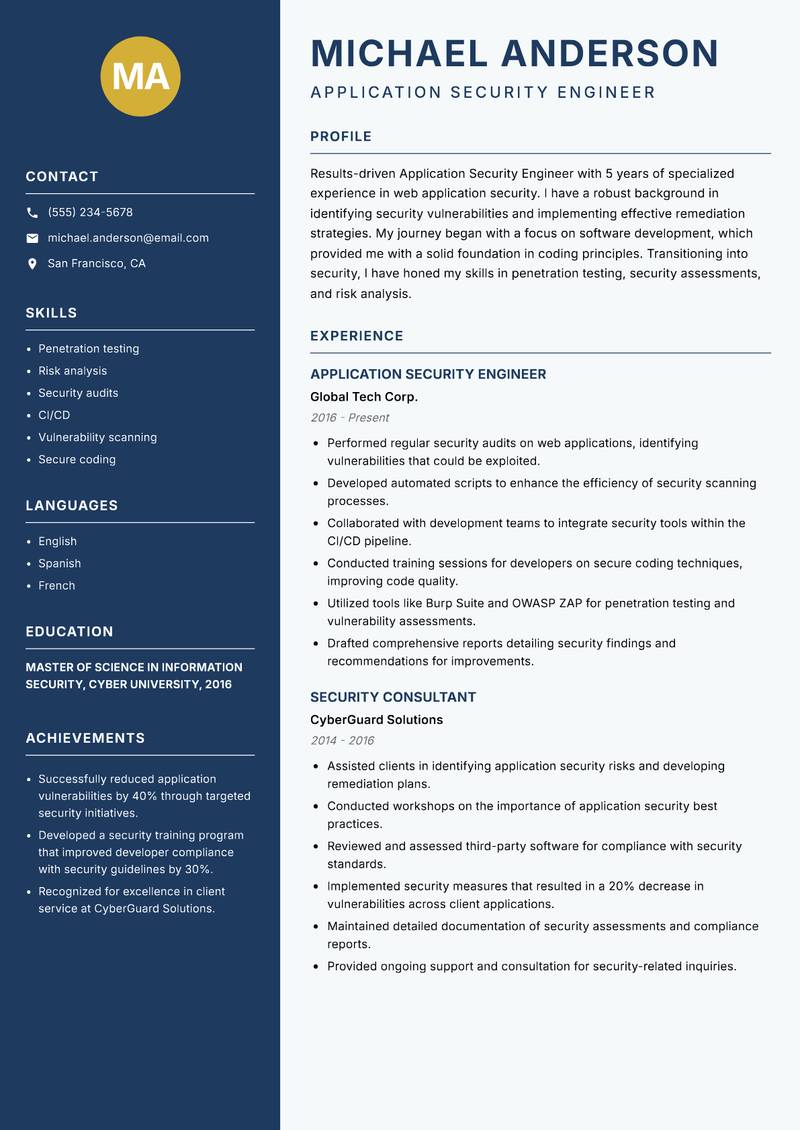 Application Security Engineer resume sample — Application Security Engineer focus