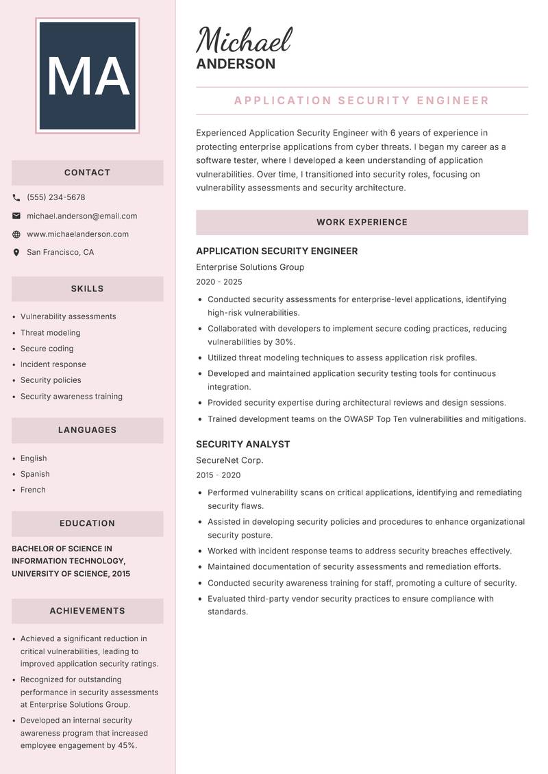 Application Security Engineer resume sample — Application Security Engineer focus